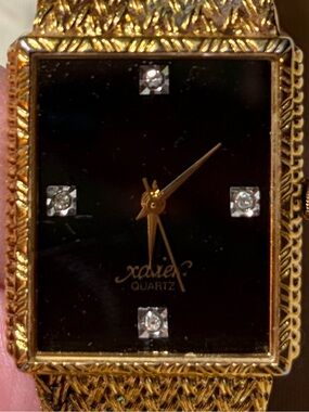 VINTAGE Xavier Masterpiece Watch Gold Mesh Black Tank Face 4 Genuine Diamonds
